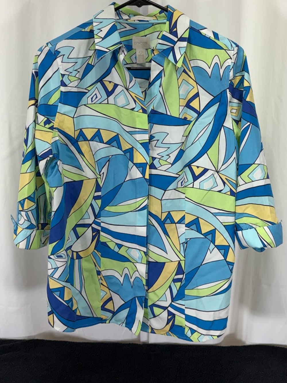 Chico's Blue, Green & Yellow Geometric Button-Down Shirt 2165